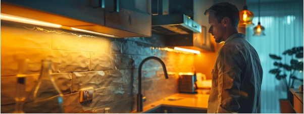 Man inspecting modern kitchen sink under warm lighting, highlighting plumbing features relevant to home maintenance and repair.