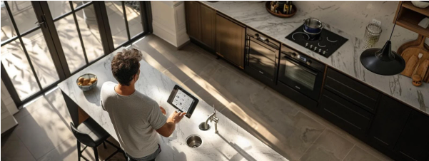 Man using a tablet in a modern kitchen, with a focus on the countertop and appliances, illustrating home management and emergency plumbing considerations.