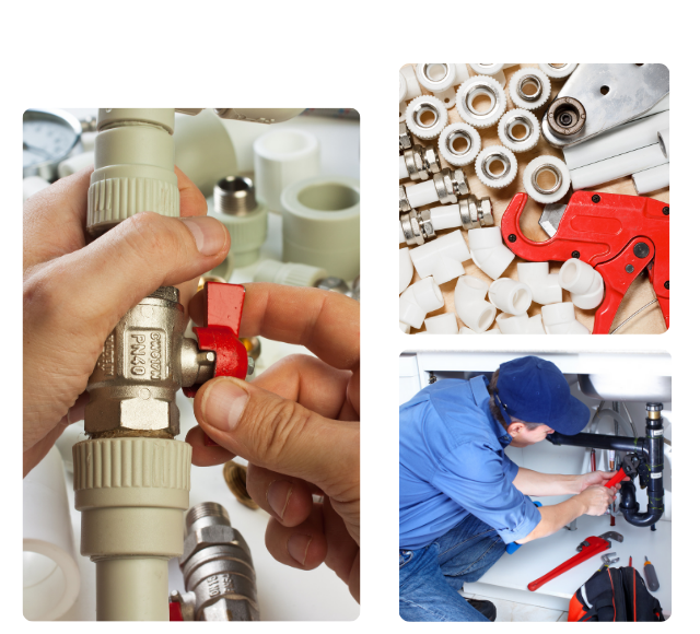Hands adjusting a plumbing valve, assortment of plumbing tools and fittings, plumber working under a sink, representing emergency plumbing services in Long Eaton.