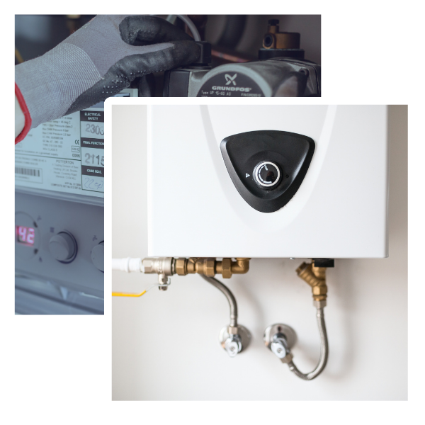 Hand adjusting a gas boiler control panel and connected piping, illustrating boiler servicing and installation expertise for heating solutions.