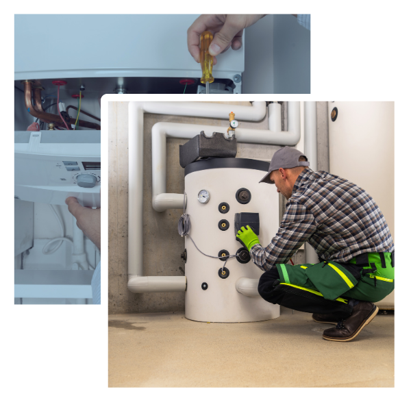 Technician inspecting and servicing a boiler system, focusing on components and connections, emphasizing professional boiler maintenance and repair services in Stapleford and surrounding areas.
