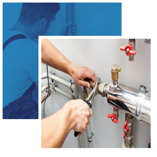 Plumber using wrench on boiler pipes, highlighting boiler services and installations for Long Eaton, Stapleford, and Nottingham areas.