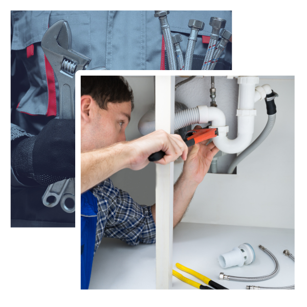 Plumber using tools to repair pipes under a sink, showcasing emergency plumbing services in Beeston.