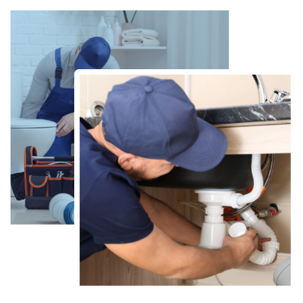 Plumber in blue uniform repairing sink plumbing and inspecting toilet, emphasizing reliable plumbing services in Long Eaton.