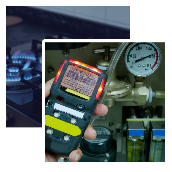 Gas safety inspection tools, including a gas detector and pressure gauge, used for compliance checks in rental properties.