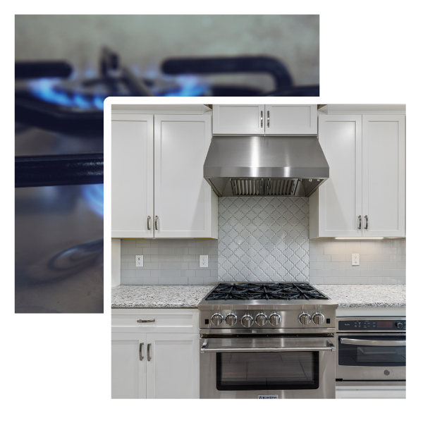 Gas stove with blue flame and modern kitchen cabinetry, highlighting gas appliance safety and efficiency for servicing and installation.