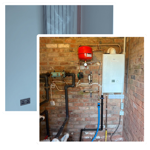 Heating installation setup featuring a boiler, pipes, and a red expansion tank against a brick wall, illustrating central heating solutions for residential properties.