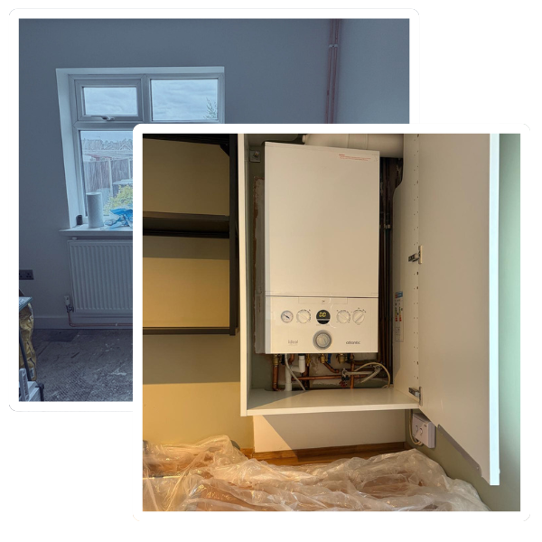 Boiler installation in a kitchen cabinet with visible plumbing connections, highlighting professional plumbing services for home heating solutions in Long Eaton.