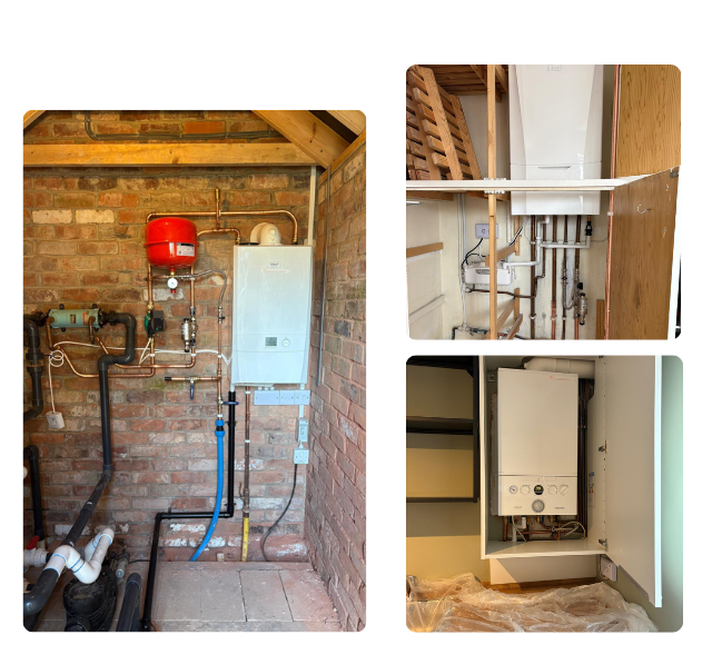 Heating systems installation showcasing boiler units, piping, and plumbing setups in residential settings, relevant to full heating installation services in Long Eaton.